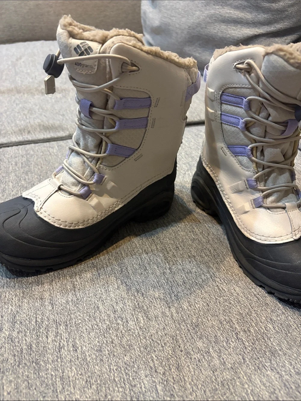 Columbia Kids Snow Boots in Light Gray, Black & Lavender